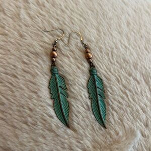 Chic Turquoise Feather Earrings with Bronze Accents